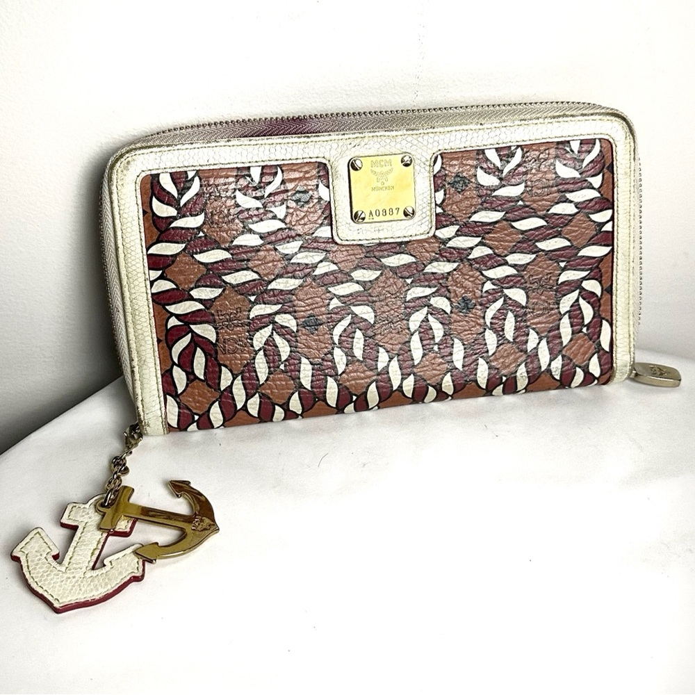 MCM LIMITED EDITION Visetos Check Book Leather Long Wallet Round Zipper Gold